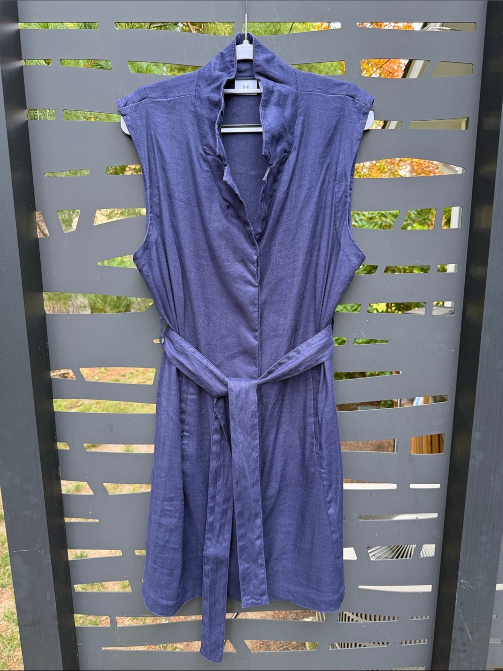 Halston Heritage Navy Sleeveless Belted Dress stretch linen sz. 16